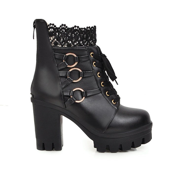 Ladies Lace Up Buckles Lace Chunky Heel Platform Ankle Boots