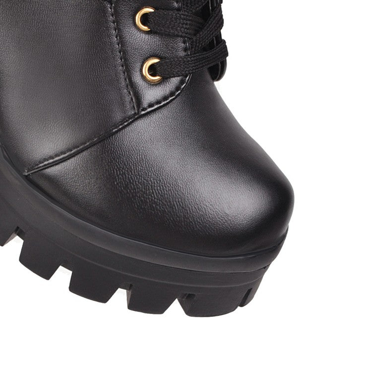 Ladies Lace Up Buckles Lace Chunky Heel Platform Ankle Boots