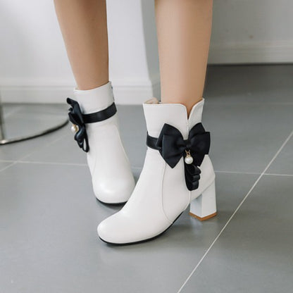 Ladies Bicolor Knot Side Zippers Block Heel Ankle Boots