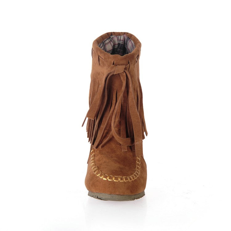 Ladies Suede Stitching Tassel Inside Heighten Flat Short Boots