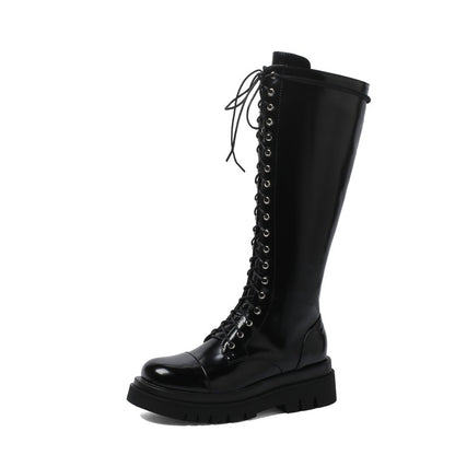 Ladies Pu Leather Lace Up Side Zippers Knee High Boots