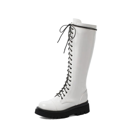 Ladies Pu Leather Lace Up Side Zippers Knee High Boots