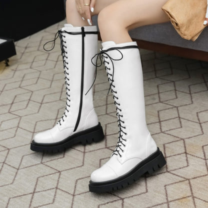 Ladies Pu Leather Lace Up Side Zippers Knee High Boots