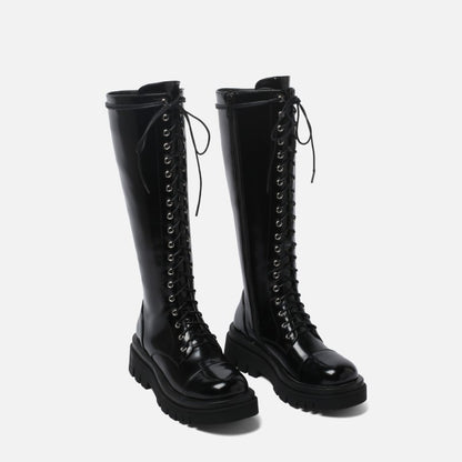 Ladies Pu Leather Lace Up Side Zippers Knee High Boots