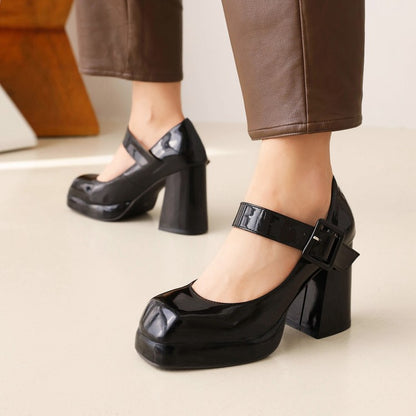 Ladies Platform Pumps Mary Janes Buckle Straps Block Chunky Heels