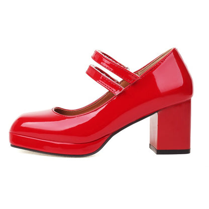 Ladies Platform Pumps Glossy Mary Janes Double Monk-Straps Block Chunky Heel