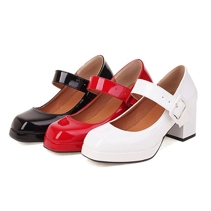 Ladies Platform Pumps Glossy Square Toe Mary Janes Buckle Straps Block Chunky Heel