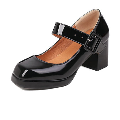 Ladies Platform Pumps Glossy Square Toe Mary Janes Buckle Straps Block Chunky Heel