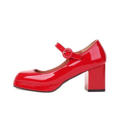 Ladies Platform Pumps Glossy Mary Janes Buckle Straps Block Chunky Heel