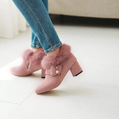 Flock Pointed Toe Pearls Buckle Straps Floppy Block Chunky Heel Short Boots for Women