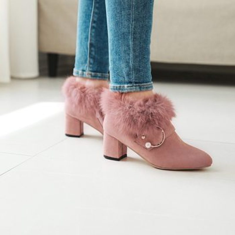 Flock Pointed Toe Pearls Buckle Straps Floppy Block Chunky Heel Short Boots for Women