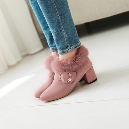 Flock Pointed Toe Pearls Buckle Straps Floppy Block Chunky Heel Short Boots for Women