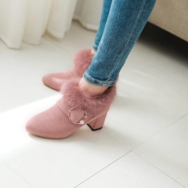 Flock Pointed Toe Pearls Buckle Straps Floppy Block Chunky Heel Short Boots for Women