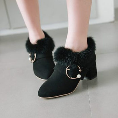 Flock Pointed Toe Pearls Buckle Straps Floppy Block Chunky Heel Short Boots for Women