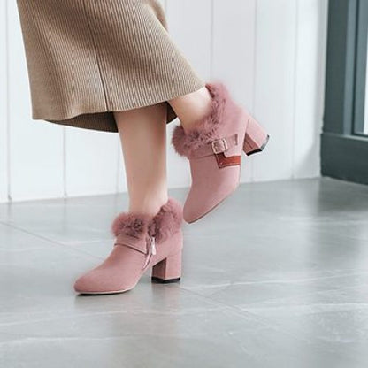 Flock Pointed Toe Buckle Straps Floppy Block Chunky Heel Short Boots for Women