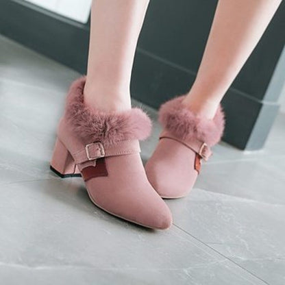 Flock Pointed Toe Buckle Straps Floppy Block Chunky Heel Short Boots for Women