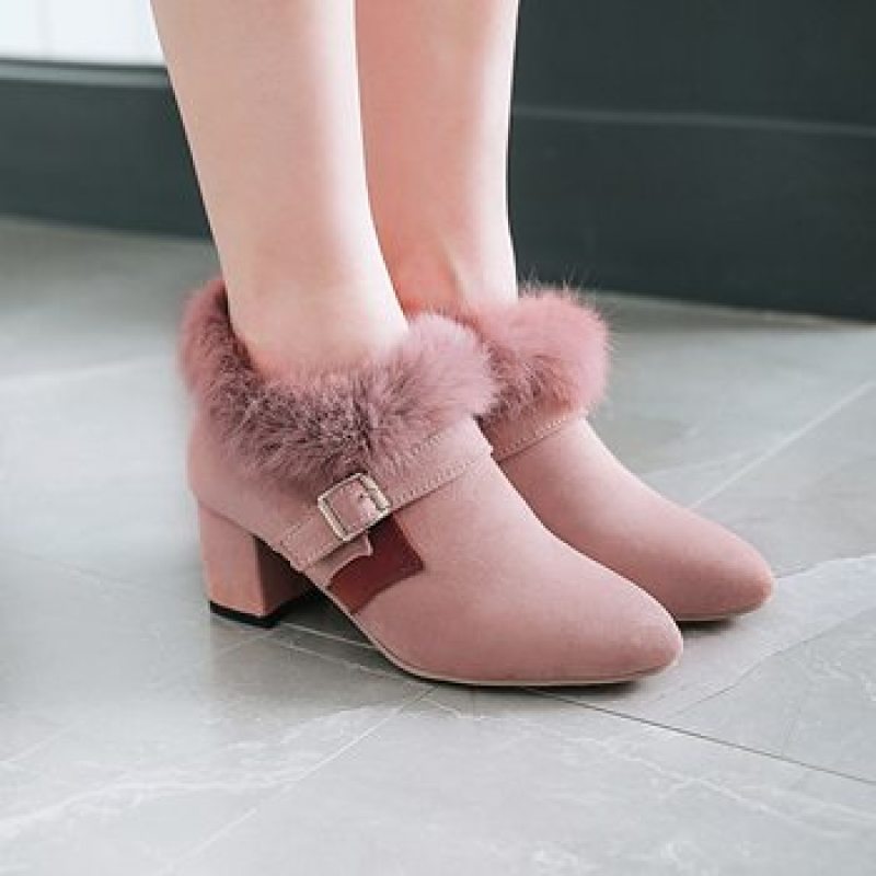 Flock Pointed Toe Buckle Straps Floppy Block Chunky Heel Short Boots for Women