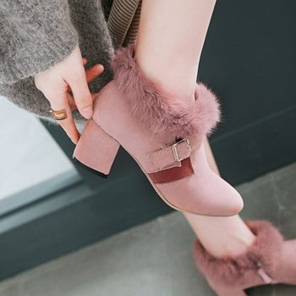 Flock Pointed Toe Buckle Straps Floppy Block Chunky Heel Short Boots for Women