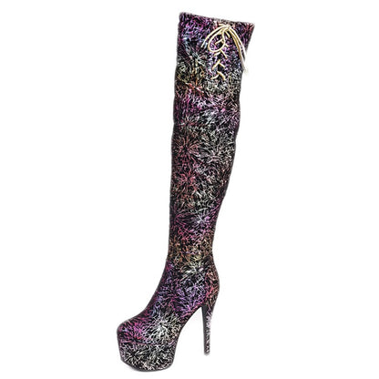 Sequins Platform Stiletto Heel Side Tied Over the Knee Boots for Women