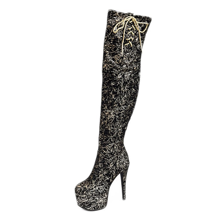 Sequins Platform Stiletto Heel Side Tied Over the Knee Boots for Women