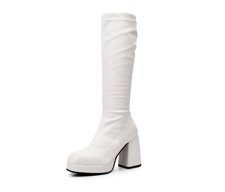 Square Toe Block Chunky Heel Platform Knee High Boots for Women