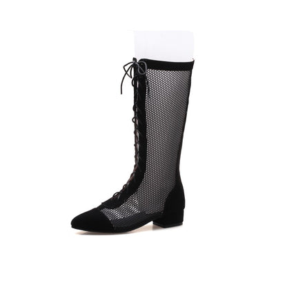 Pointed Toe Mesh Lace-Up Mid Calf Boots for Women