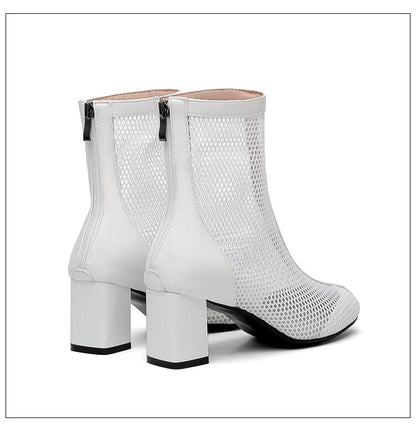 Ankle Boots Pointed Toe Mesh Block Chunky Heel Booties for Women