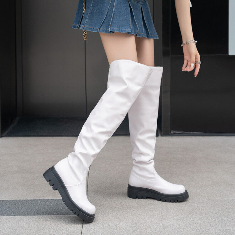 Round Toe Platform Wrinkled Over the Knee Boots for Women