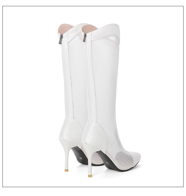 Pointed Toe Mesh Stiletto Heel Knee High Boots for Women