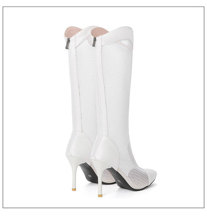 Pointed Toe Mesh Stiletto Heel Knee High Boots for Women