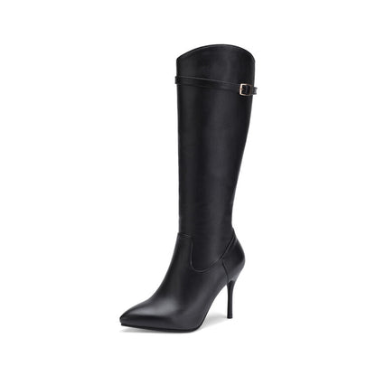 Pointed Toe Buckle Straps Stiletto Heel Zipper Knee High Boots for Women