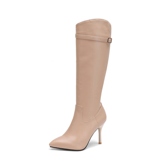 Pointed Toe Buckle Straps Stiletto Heel Zipper Knee High Boots for Women