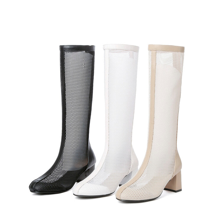 Round Toe Mesh Block Chunky Heel Knee High Boots for Women