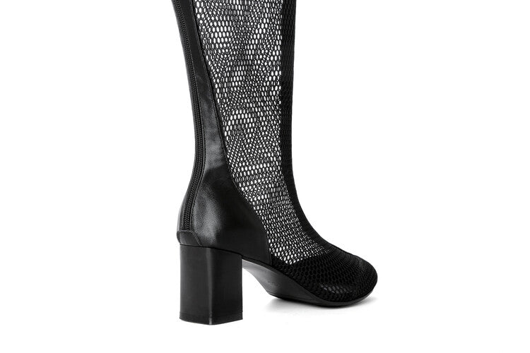 Round Toe Mesh Block Chunky Heel Knee High Boots for Women