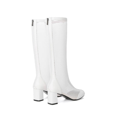 Round Toe Mesh Block Chunky Heel Knee High Boots for Women