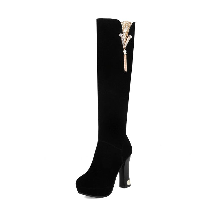 Flock Rhinestone Tassel Side Zippers Spool Heel Platform Knee High Boots for Women