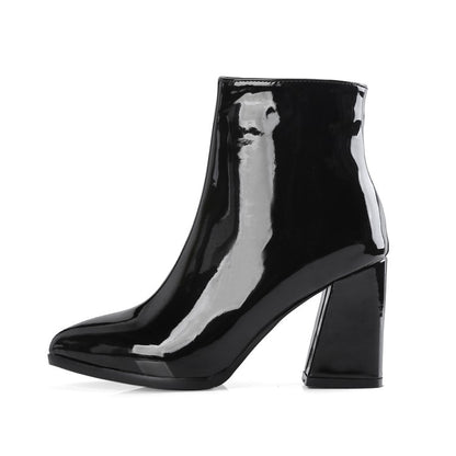 Metal Patent Side Zippers Block Chunky Heel Short Boots for Women