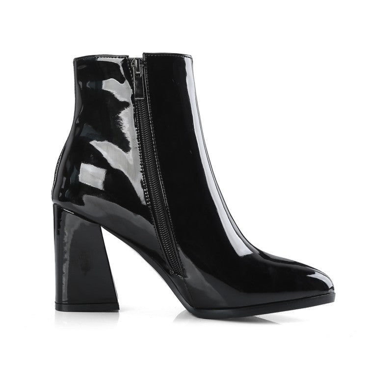 Metal Patent Side Zippers Block Chunky Heel Short Boots for Women