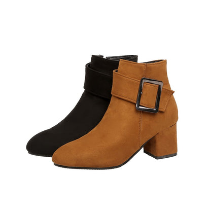 Flock Round Toe Buckle Straps Side Zippers Block Chunky Heel Short Boots for Women