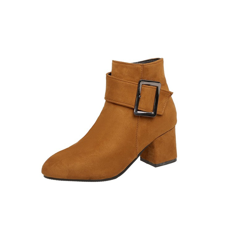 Flock Round Toe Buckle Straps Side Zippers Block Chunky Heel Short Boots for Women