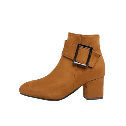 Flock Round Toe Buckle Straps Side Zippers Block Chunky Heel Short Boots for Women