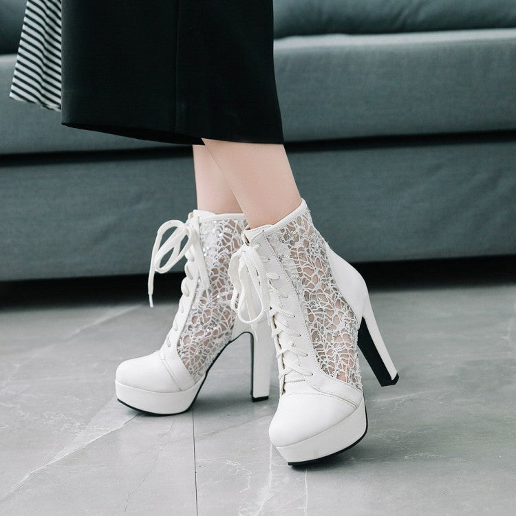 Almond Toe Lace Lace-Up Clear Block Chunky Heel Platform Short Boots for Women