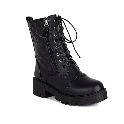 Round Toe Lace-Up Side Zippers Block Chunky Heel Platform Short Boots for Women