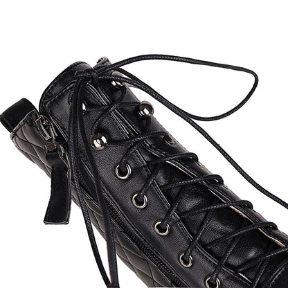 Round Toe Lace-Up Side Zippers Block Chunky Heel Platform Short Boots for Women