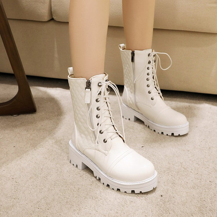 Round Toe Lace-Up Side Zippers Block Chunky Heel Platform Short Boots for Women