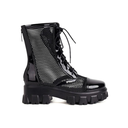 Glossy Round Toe Mesh Lace-Up Block Chunky Heel Platform Short Boots for Women