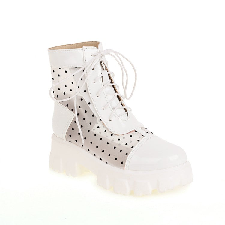 Round Toe Clear Lace-Up Block Chunky Heel Platform Short Boots for Women