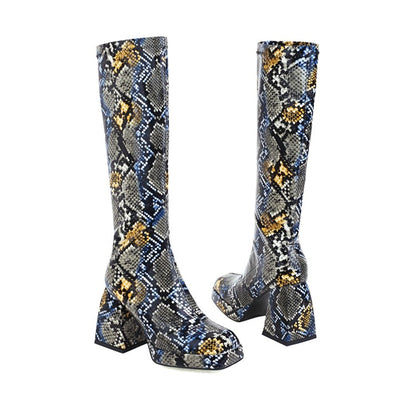 Snake-printed Pu Leather Square Toe Block Chunky Heel Platform Knee High Boots for Women