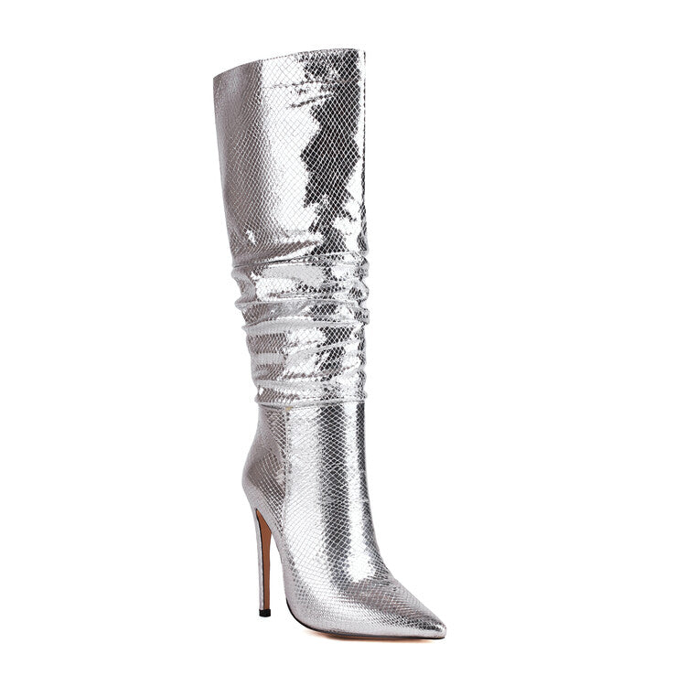 Glossy Pointed Toe Stiletto Heel Slouch Knee High Boots for Women