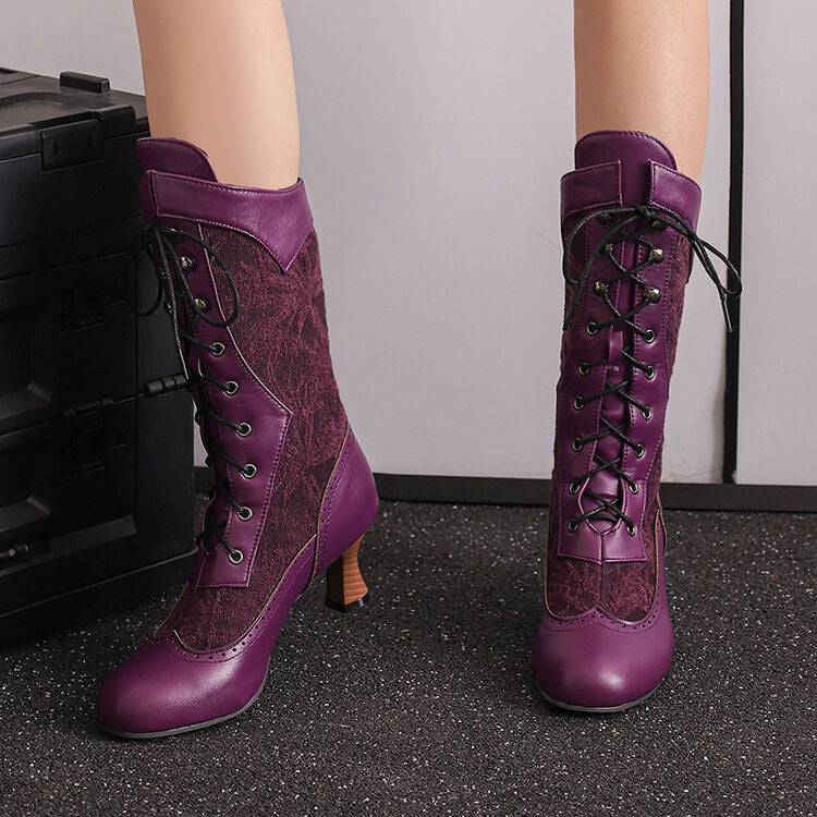 Women's Lace-Up Round Toe Hoof Heel Mid Calf Boots